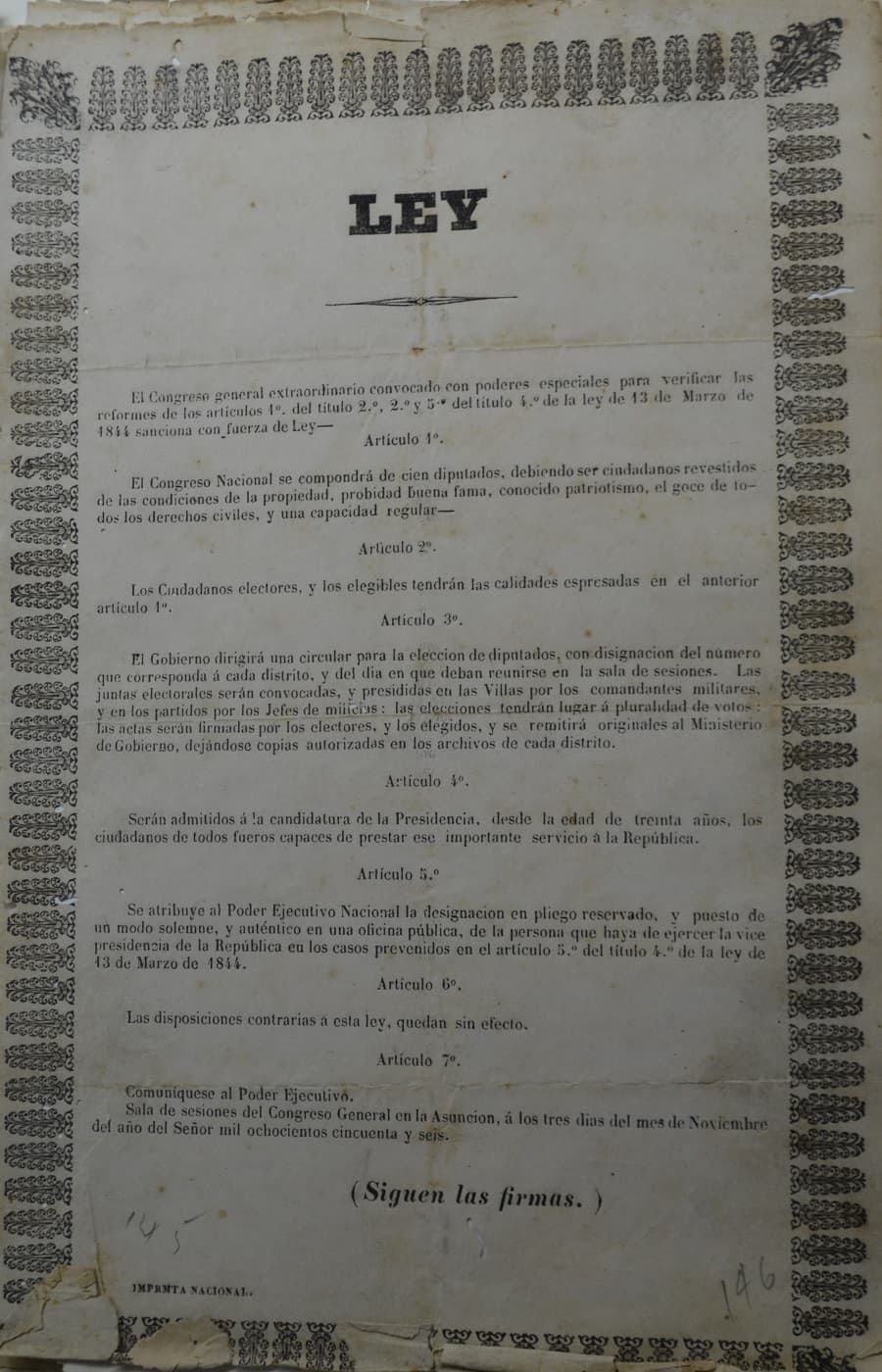 Modificación dela Ley que establece la Administración Política de la República del Paraguay. Reforma del 4 de noviembre de 1856. Archivo Nacional de Asunción. 