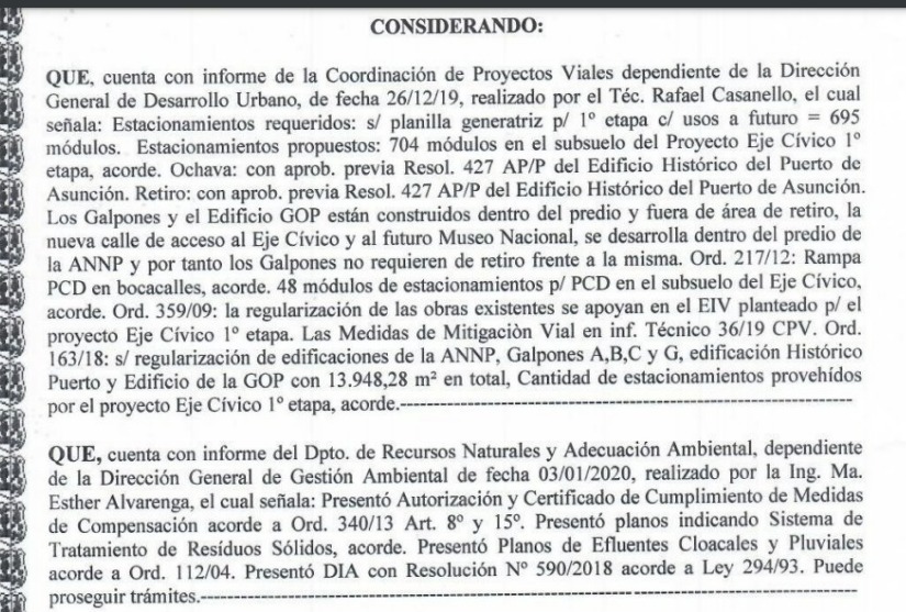 Resolución de la Municipalidad de Asunción sobre las Oficinas de Gobierno. Foto: MOPC.