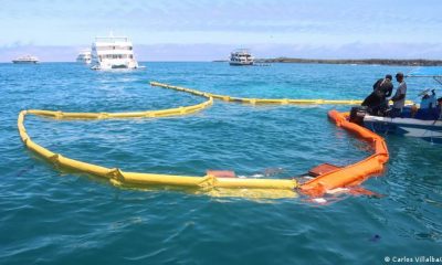 Autoridades buscan limitar la contaminación marina tras derrame de petróleo de buque en Puerto Ayora de Santa Cruz, en las Islas Galápagos. Foto: DW.