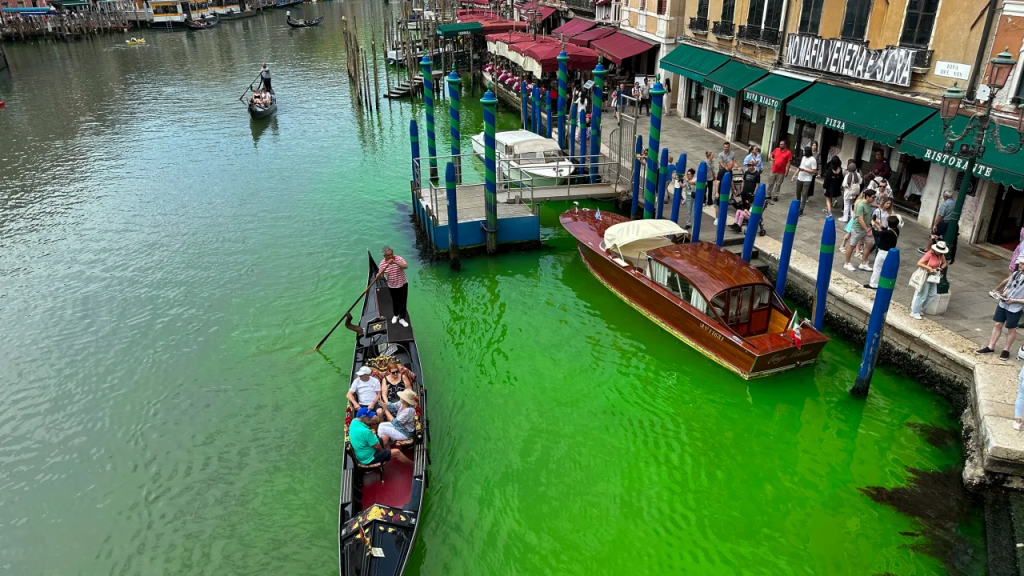 Aguas verde fluorescente en el Gran Canal de Venecia. Foto: CNN.