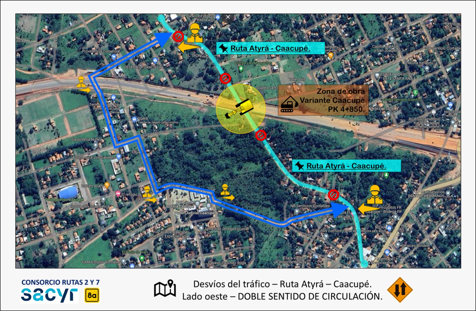 Mapa de desvíos ruta PY02. Foto: MOPC.