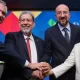 El presidente de Argentina, Alberto Fernández; Ralph Gonsalves, primer ministro de San Vicente y las Granadinas; el presidente del Consejo de la UE, Charles Michel, y la presidenta de la Comisión Europea, Ursula von der Leyen. Foto: DW.