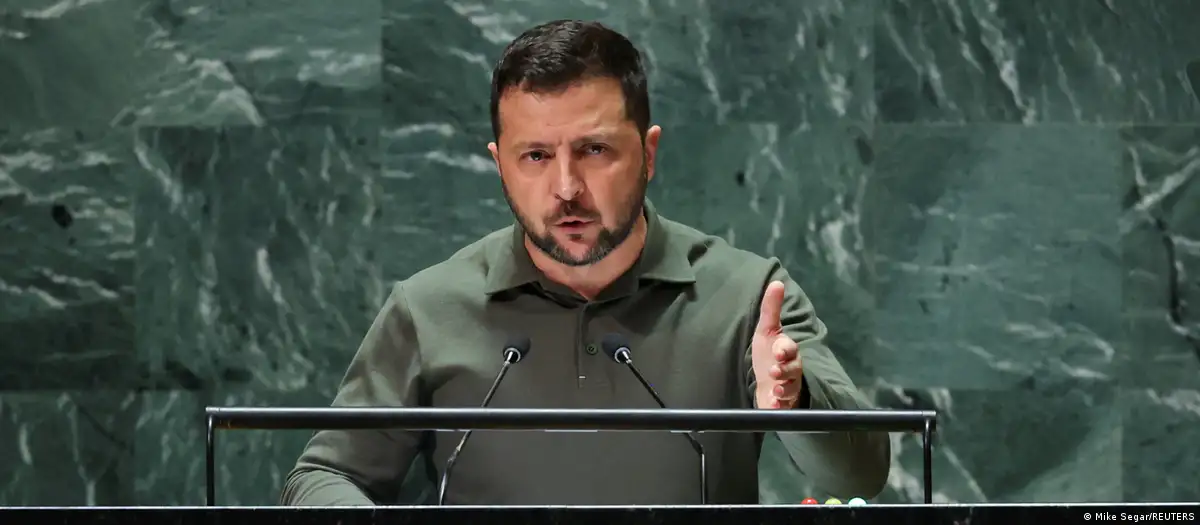 Volodimir Zelenski en la ONU. Foto: DW.