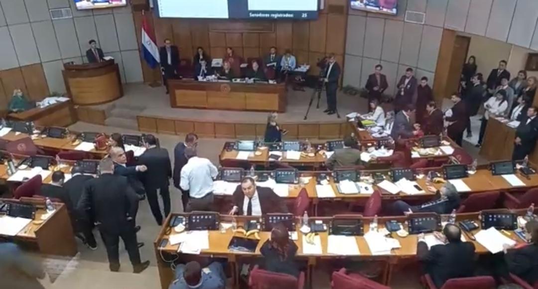 Momento en que la bancada de Honor Colorado se levanta de la sesión dejando sin cuórum. Foto: Captura de pantalla.