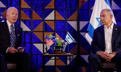 Biden (izquierda en la imagen) fue recibido por el primer ministro israelí Benjamin Netanyahu (18.10.2023). Foto: DW.