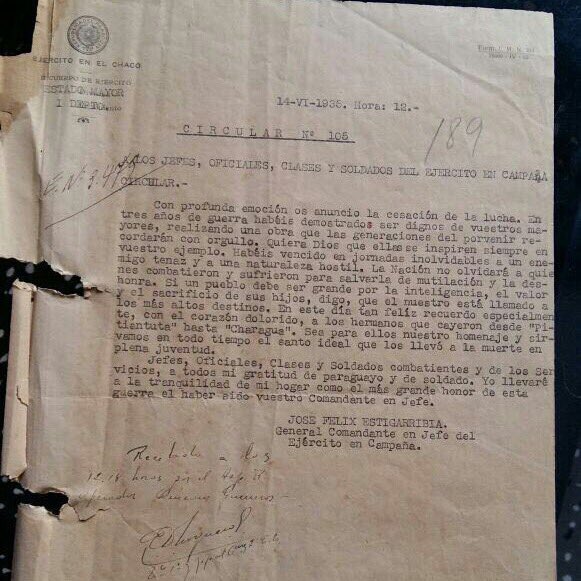 Circular con la que el general Estigarribia anunciaba el fin de la Guerra del Chaco. Archivo