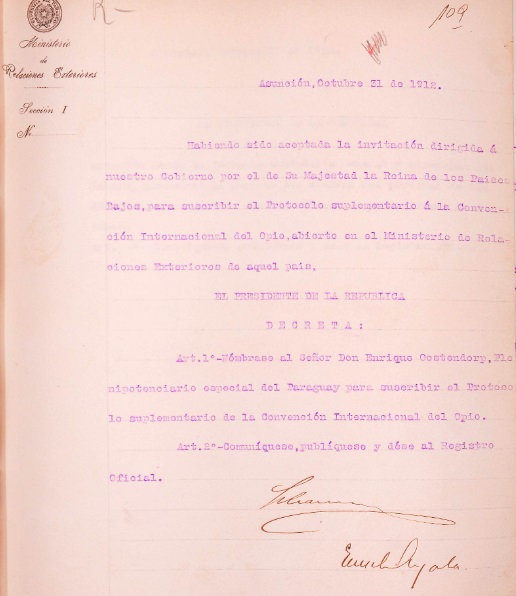 Firma de Paraguay a la CIO (Registro Oficial 31/10/1912). Cortesía