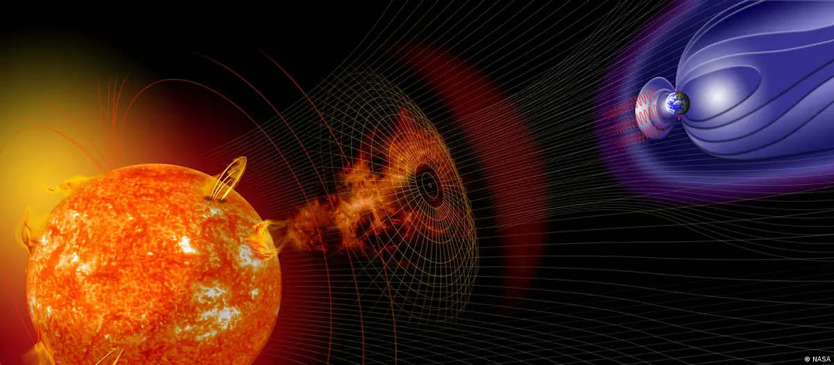 Ilustración que refleja la mayor tormenta solar conocida que azotó la Tierra hace 14.300 años y que cambiaron las condiciones del espacio cercano a nuestro planeta. Foto: DW.