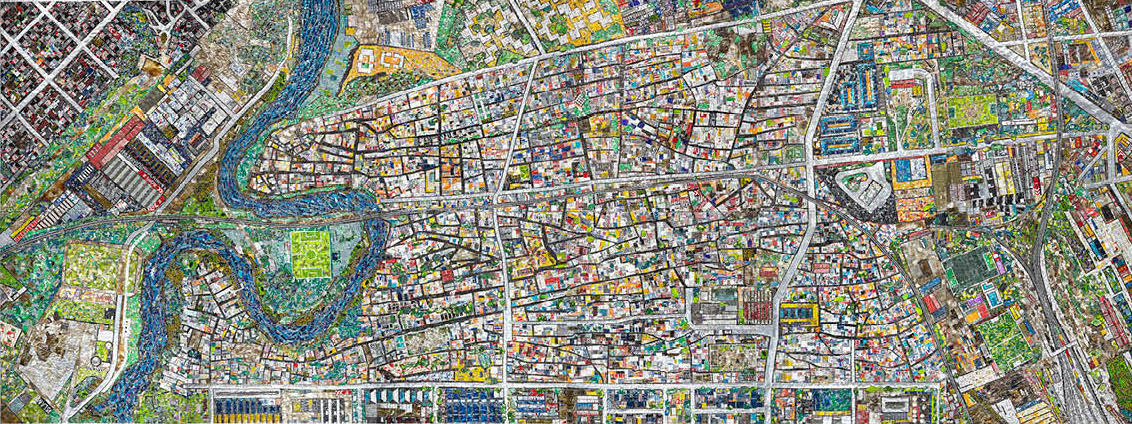 Horacio Sánchez Fantino, Mapa de latas. Villa 21, 2013, ensamblaje de latas sobre madera, 340 x 900 cm. Cortesía