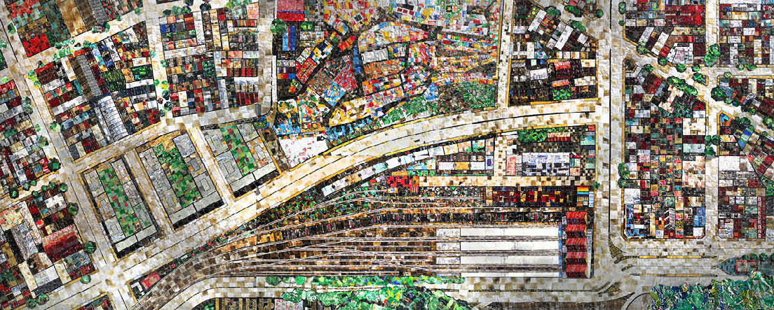 Horacio Sánchez Fantino, Mapa de latas. Villa Fraga, 2020, ensamblaje de latas sobre madera, 240 x 600 cm. Cortesía