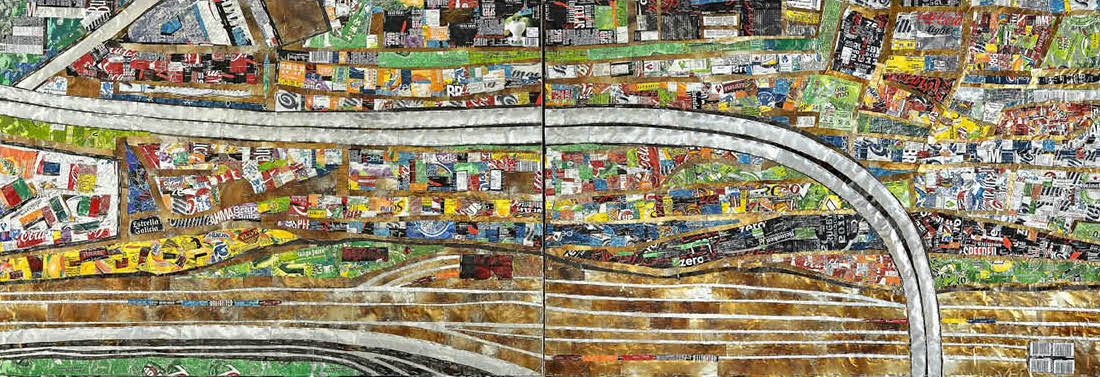 Horacio Sánchez Fantino, Mapa de latas. Villa 31, 2012, ensamblaje de latas sobre madera, 70 x 200 cm. Cortesía