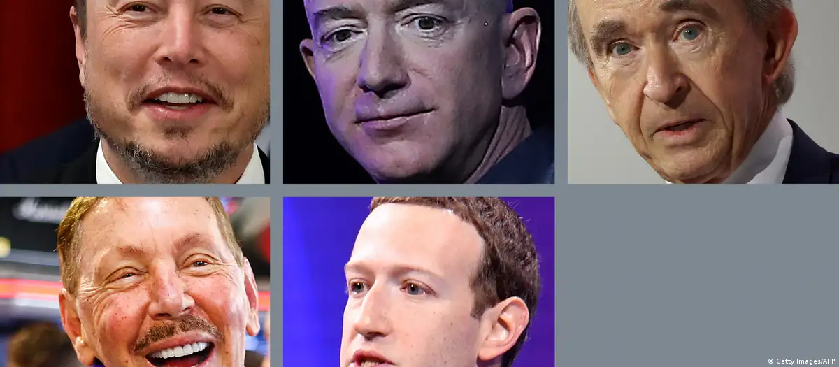 Los cinco hombres más ricos del mundo: de izq. arriba a dcha. abajo: Elon Musk, Jeff Bezos, Bernard Arnault, Larry Ellison y Mark Zuckerberg. Foto: DW.