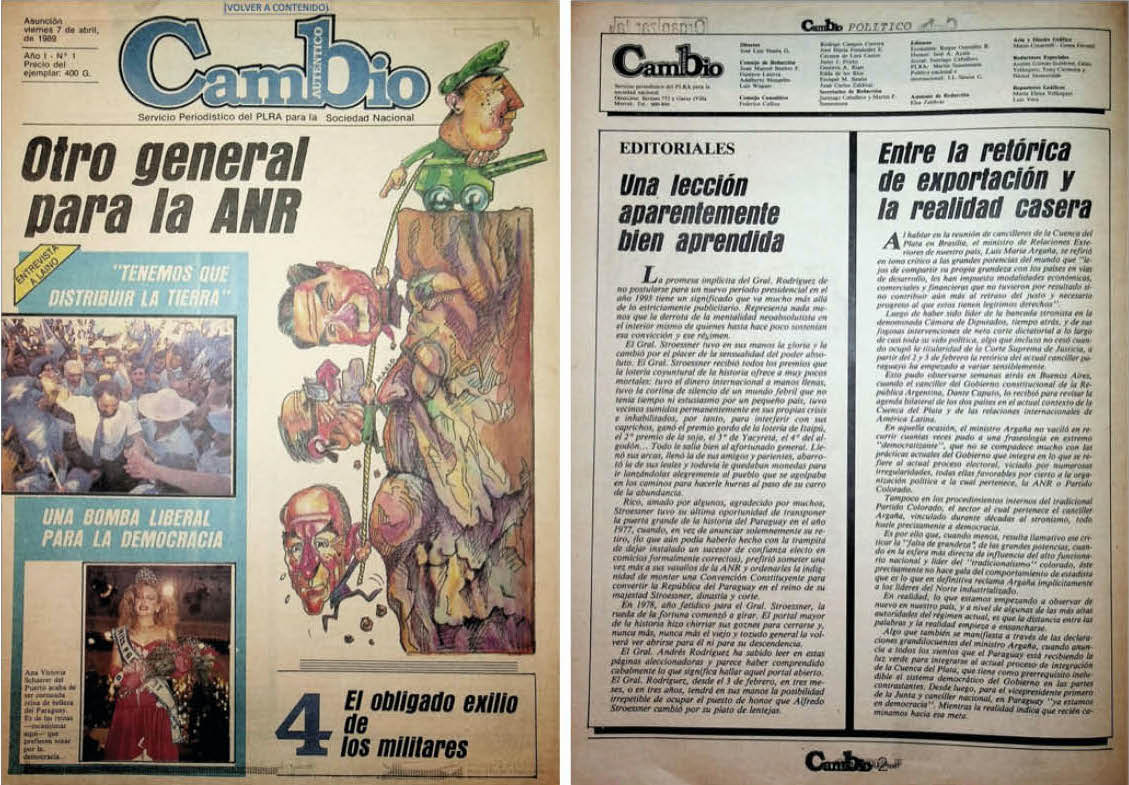 Portada y editoriales de Cambio, 7 de abril de 1989. SPS