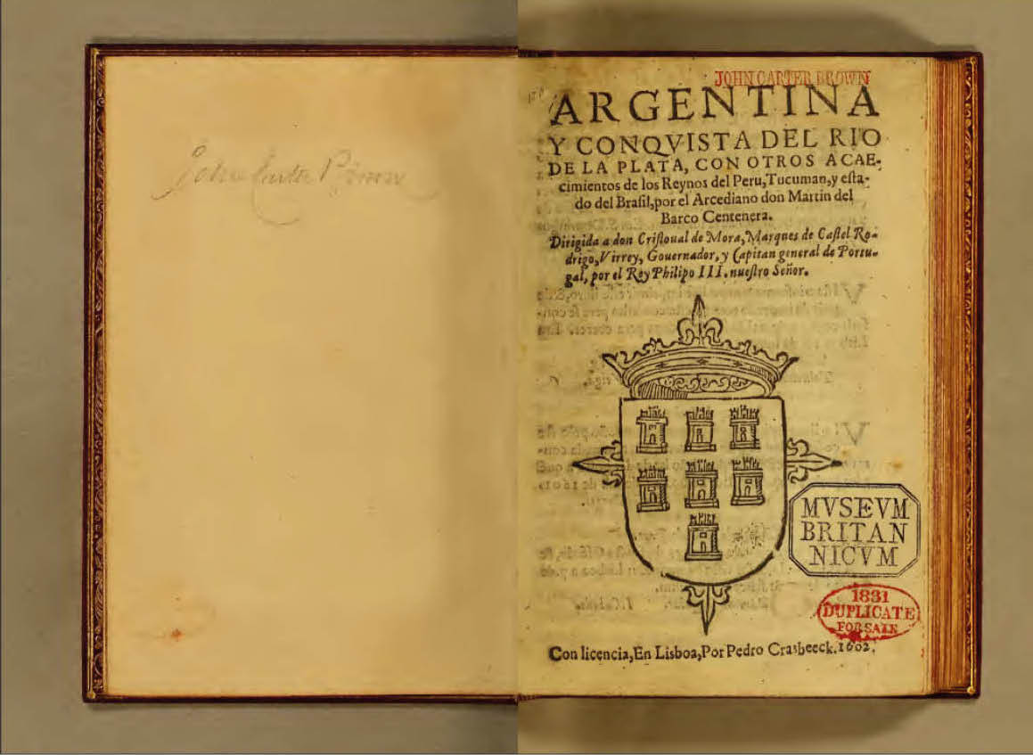 Martín del Barco Centenera, portada de "La Argentina", 1602, primera edición. Cortesía