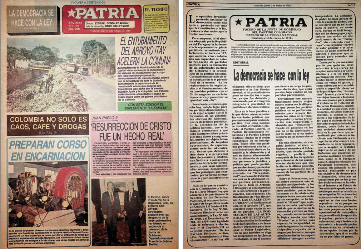 Portada y editorial del diario Patria, 2 de febrero de 1989. "1989. Cinco momentos", SPS