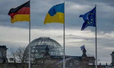 Banderas de Alemania, Ucrania y la Unión Europea. Foto: DW.