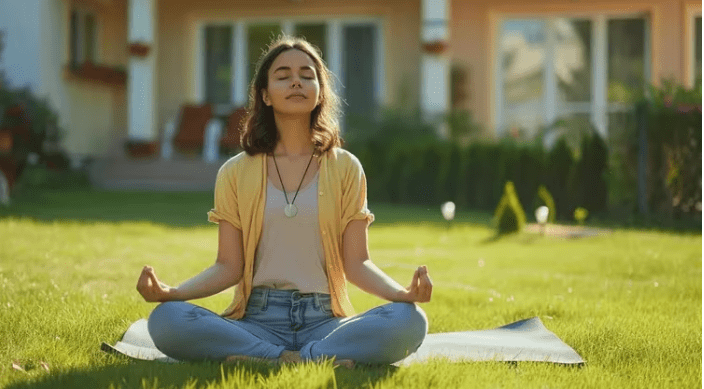 Una chica adolescente encuentra paz y serenidad meditando en el jardín de su casa. Esta imagen captura el momento en que practica mindfulness, una herramienta terapéutica valiosa. Foto: Infobae.