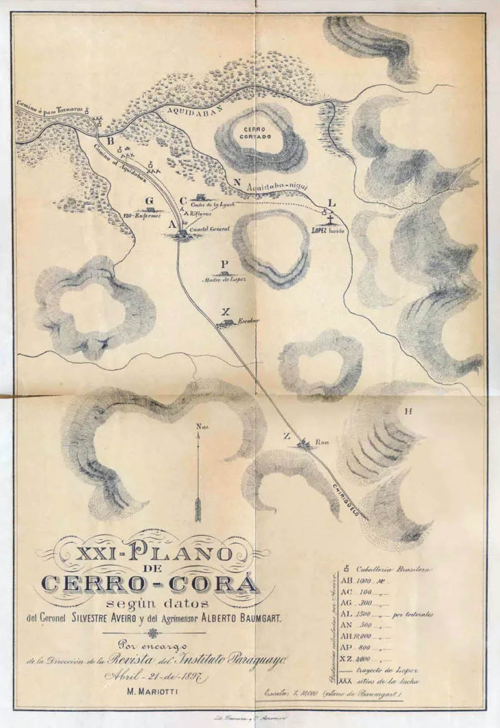 Plano de Cerro Cora realizado por M. Mariotti por encargo de la Revista del Instituto Paraguayo, según datos proporcionados por el coronel Silvestre Aveiro y el agrimensor Alberto Baumgart, 21 de abril de 1897. 