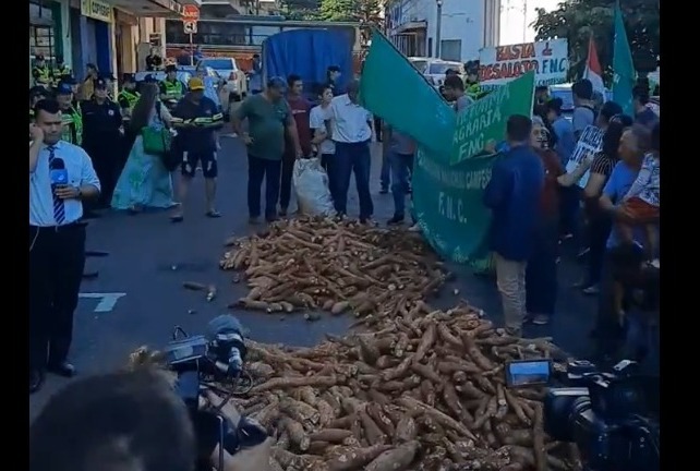 Campesinos regalan mandioca como medida de protesta. Foto: Captura.