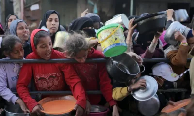 Niños y adultos tratan de conseguir alimentos en la Franja de Gaza. Foto: DW.