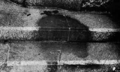 La sombra de un hombre de Hiroshima en los escalones de piedra de un banco local. Foto: DW.