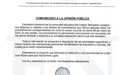 Comunicado del Colegio Monseñor Lasagna. Foto: Facebook.