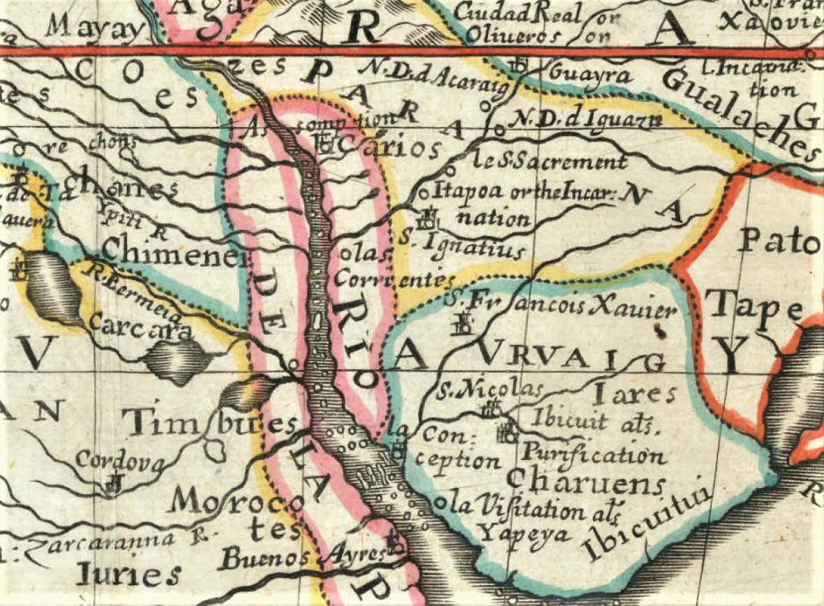 Nuevo mapa de América Meridional, dibujado por M. Sanson, geógrafo, para el rey francés, y llevado al inglés e ilustrado por Richard Blome, 1669 (detalle). Cortesía