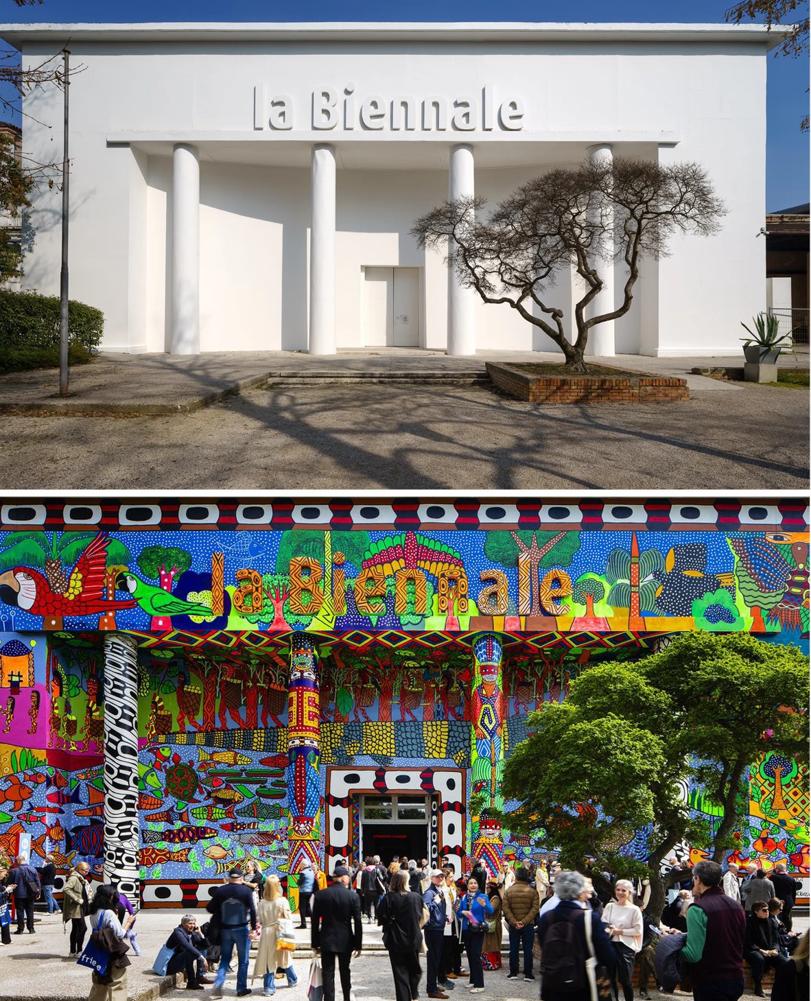 Antes y después. Pabellón Central de La Biennale en Giardini, en las ediciones 2022 y 2024. Cortesía 