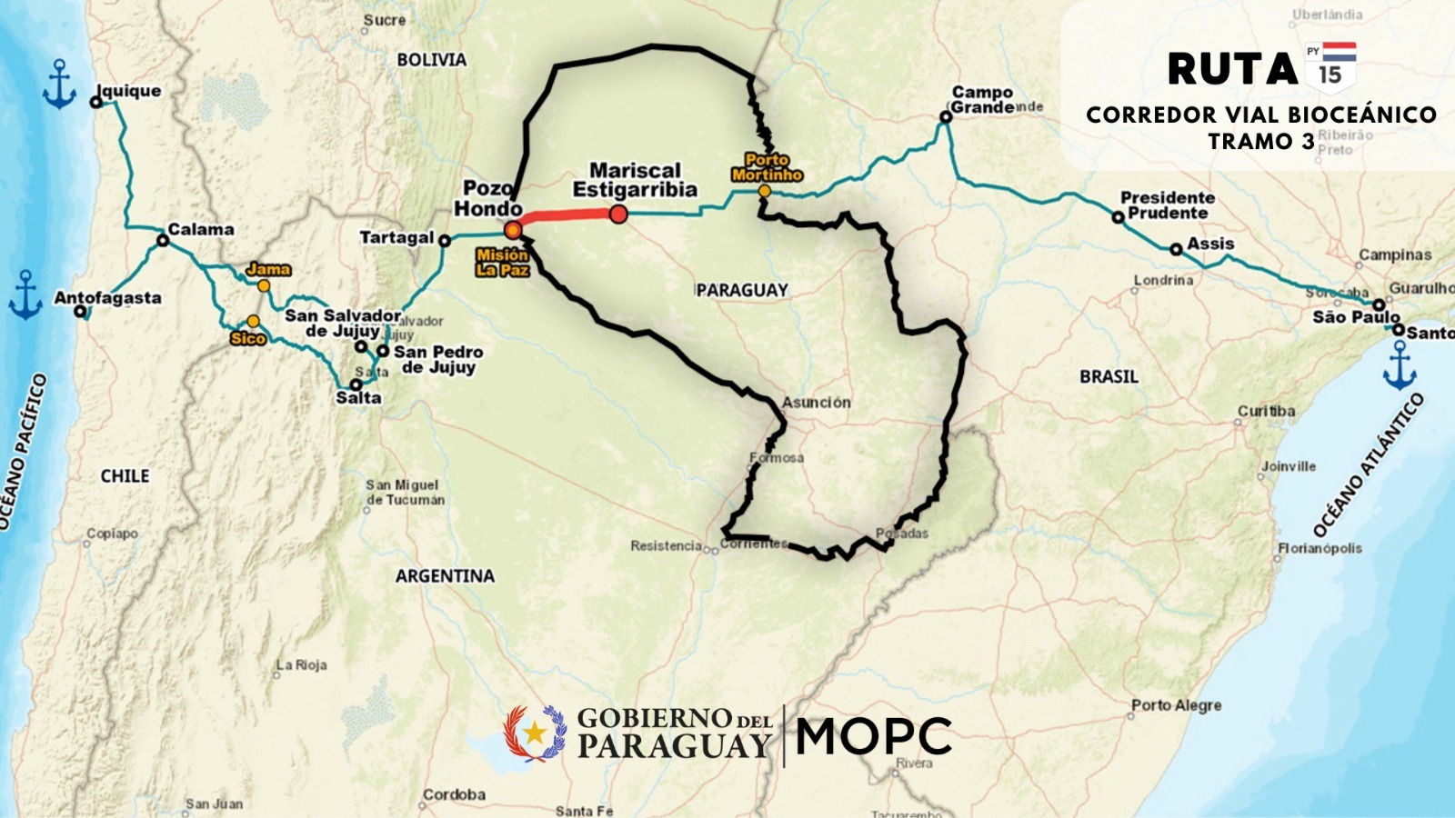 Mapa del Corredor Bioceánico. Imagen: MOPC.