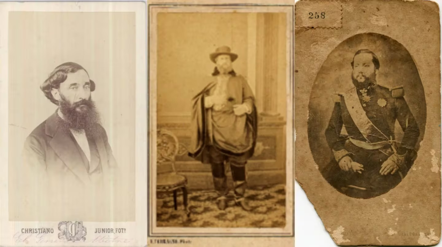 Retratos del presidente Bartolomé Mitre; el emperador de Brasil Don Pedro II y el Mariscal Francisco Solano López. Foto: Christiano Junior, 1865. Tarjeta de visita. Biblioteca Nacional de Uruguay/Luiz Terragno, 1865. Tarjeta de visita Biblioteca Nacional de Brasil/Museo Julio Marc (Rosario, Argentina). Fotos proveídas por el autor