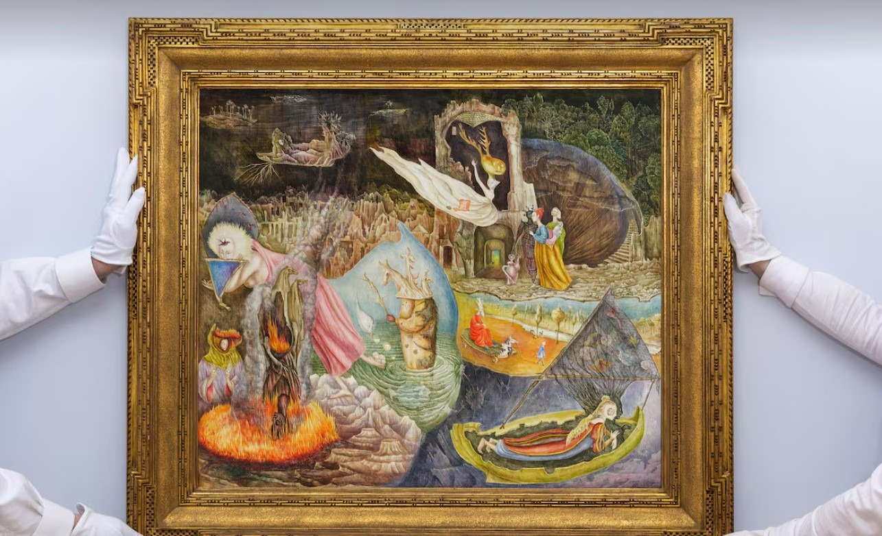 "Les Distractions de Dagobert". Óleo sobre tela, Leonora Carrington (1954). Sotheby's