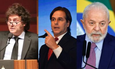 Javier Milei, presidente de Argentina; Luis Lacalle Pou, mandatario uruguayo y Lula da Silva, presidente de Brasil. Foto: Web.