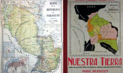 La disputa por los territorios entre Paraguay y Bolivia, en los textos escolares. Mapa de 1905 del libro de Héctor F. Decoud (izquierda) y carátula del libro boliviano de 3er grado de instrucción primaria de 1928 (derecha) de autoría de Alfredo y Heriberto Guillén Pintos.