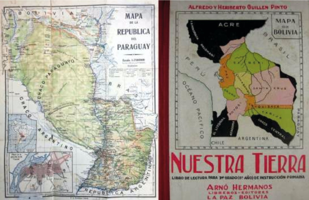 La disputa por los territorios entre Paraguay y Bolivia, en los textos escolares. Mapa de 1905 del libro de Héctor F. Decoud (izquierda) y carátula del libro boliviano de 3er grado de instrucción primaria de 1928 (derecha) de autoría de Alfredo y Heriberto Guillén Pintos.