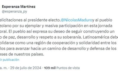 Declaraciones de la senadora Esperanza Martínez en sus redes sociales. Foto: Captura de pantalla.