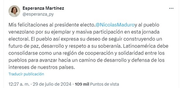 Declaraciones de la senadora Esperanza Martínez en sus redes sociales. Foto: Captura de pantalla.