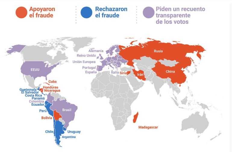 La postura conocida de países que se han pronunciado de manera oficial ante la situación de Venezuela. Foto: Infobae.