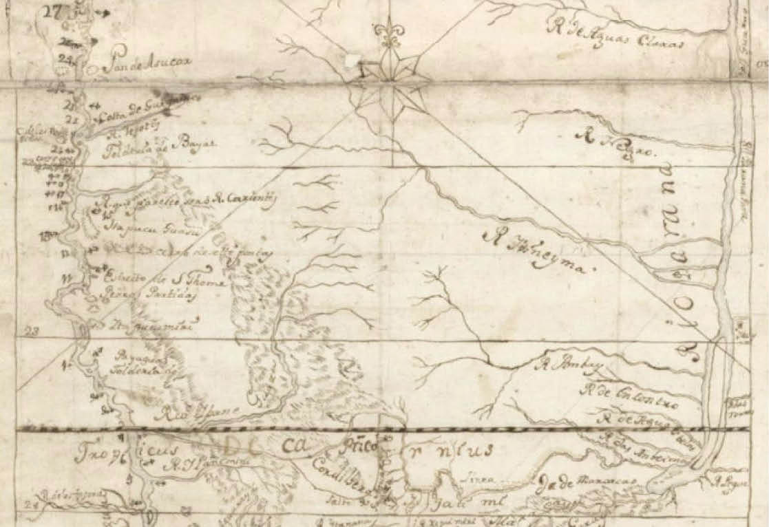 Sección del mapa del río Paraguay, del padre Quiroga, que menciona el sitio de “estreito De s. Thome” (bah, madrid cfr 52).