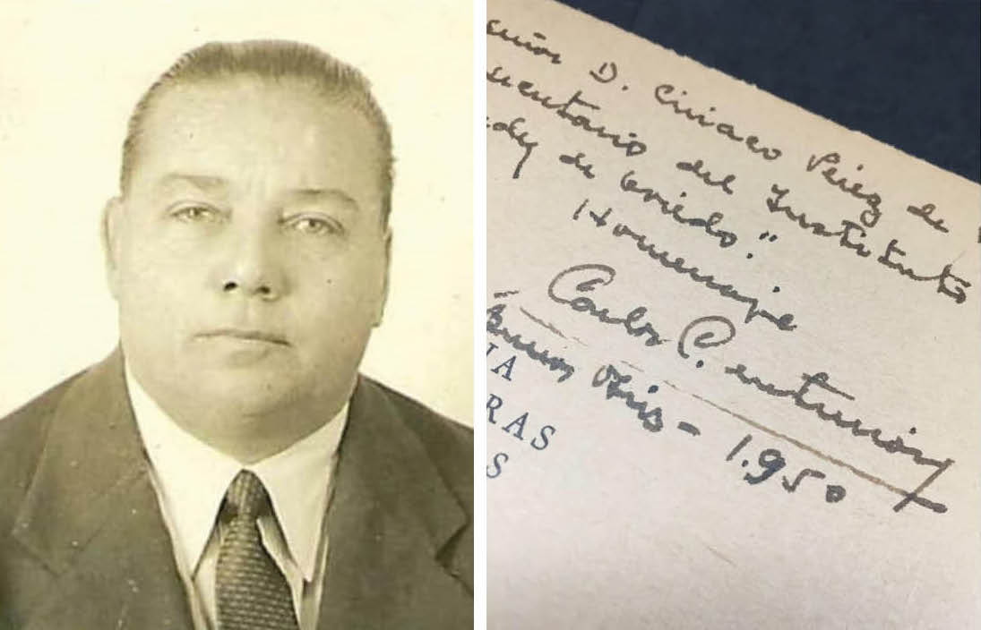 Carlos R. Centurión hacia mediados de la década de 1940 y carátula de Historia de las Letras Paraguayas con dedicatoria del autor. Cortesía