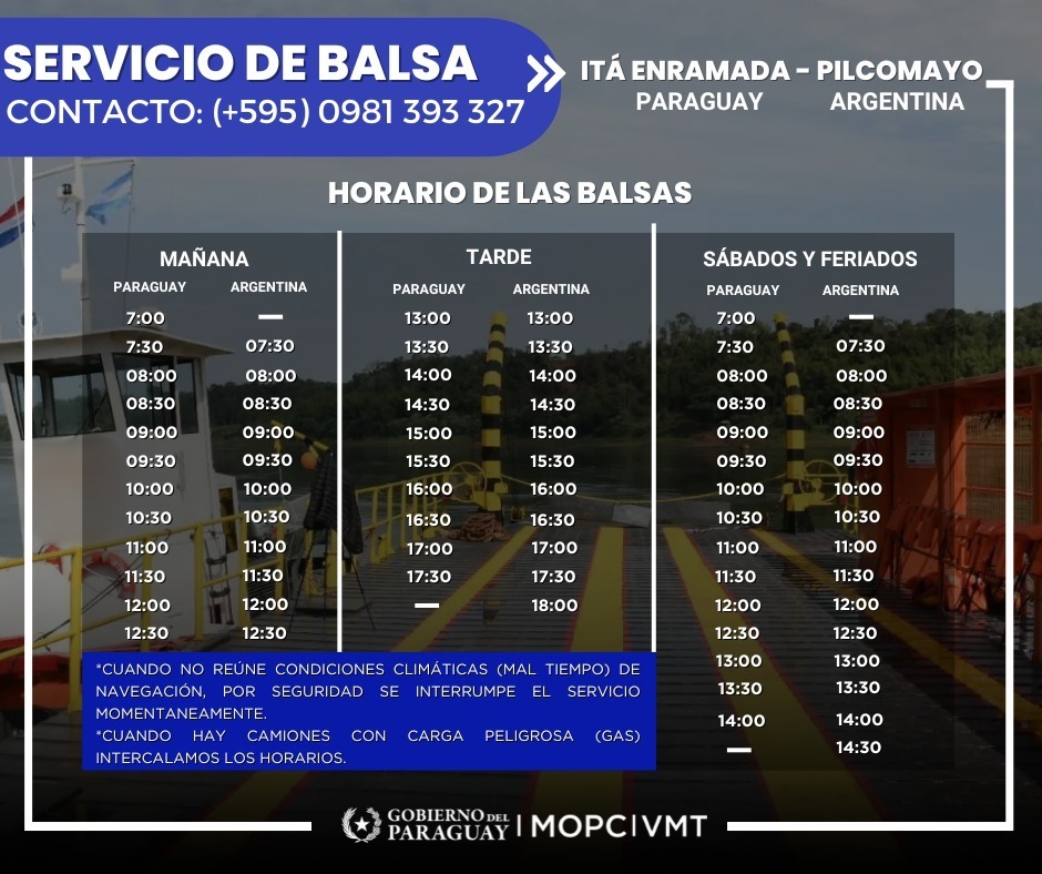 Servicio de balsa, Puerto Itá Enramada. Foto: VMT -MOPC.