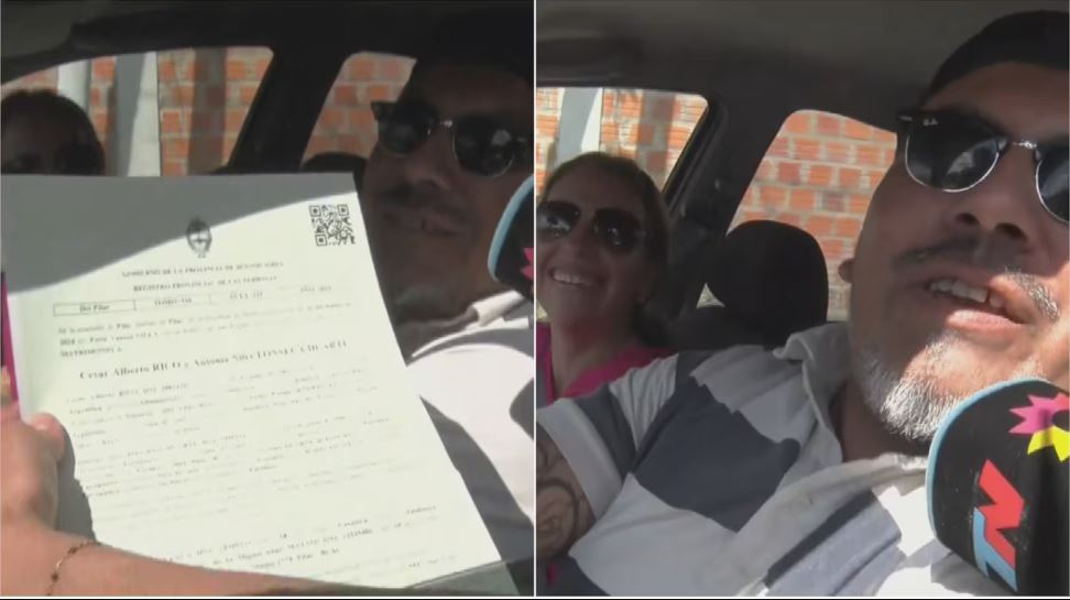 Con el acta de matrimonio en el auto para ver a Racing. (Foto: Captura TN)