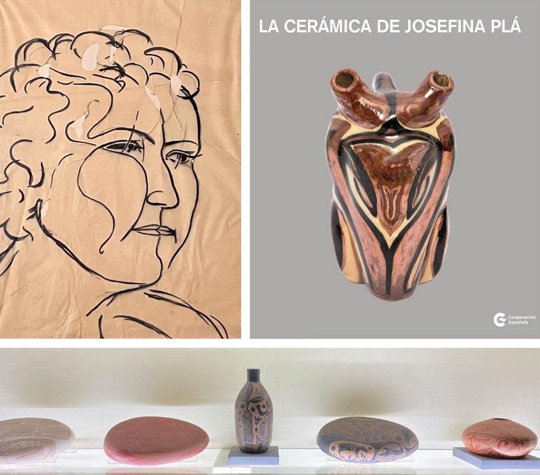 José Laterza Parodi, Retrato de Josefina Plá, ca. 1954. Tinta © MBC / Ilustración de la cubierta: Josefina Plá, Lechuza, 1956. Botijo “de fantasía”. Colección Museo Julián de la Herrería, 13 x 6 cm. Cortesía / Josefina Plá, piezas de la serie Payaguá, Museo Julián de la Herrería. Cortesía