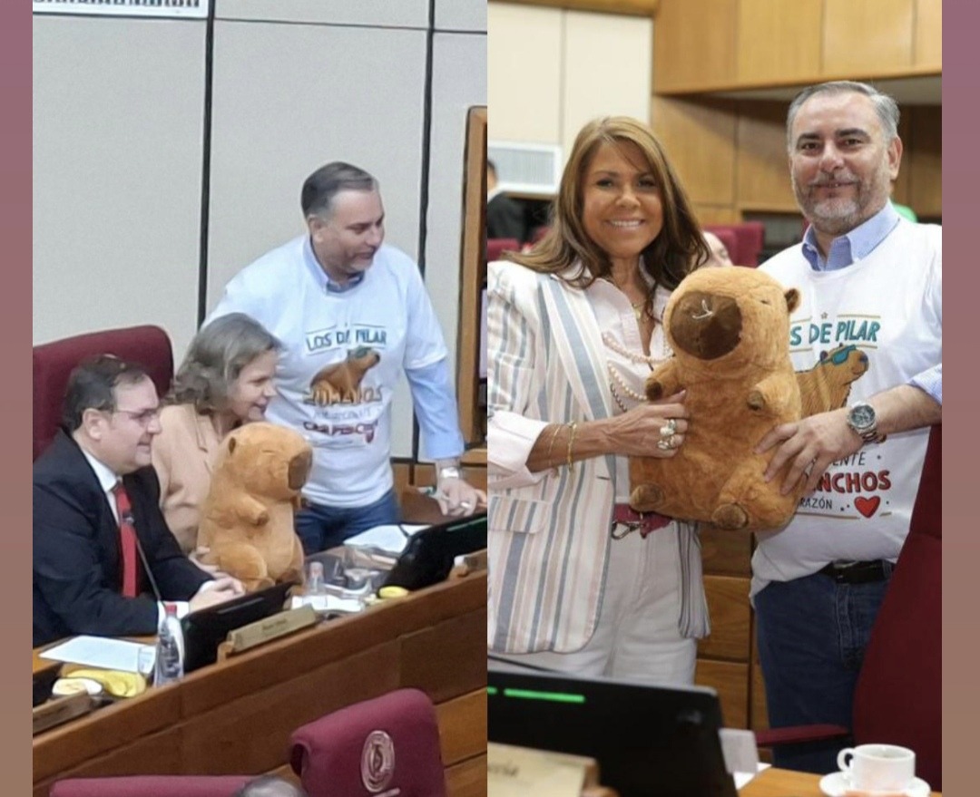 Senadores posando con el peluche de carpincho. Foto: Gentileza.