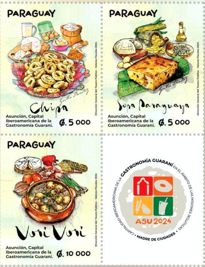 Estampillas postales sobre la gastronomía paraguaya. Cortesía