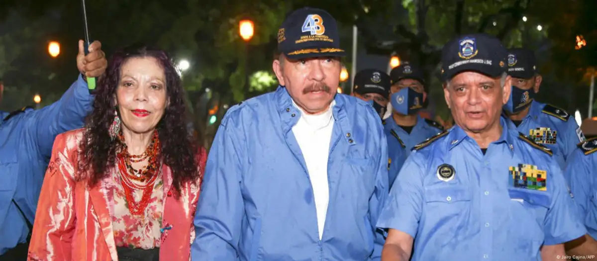 Daniel Ortega, flanqueado por Rosario Murillo y el jefe de la Policía, Francisco Díaz, juramentado para otros seis años en el cargo. Foto: DW