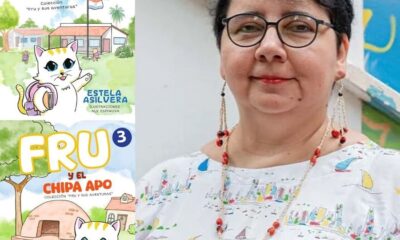 Portadas de “Fru va a la escuela” y “Fru y el chipa apo”, junto a su autora, Estela Asilvera. Cortesía