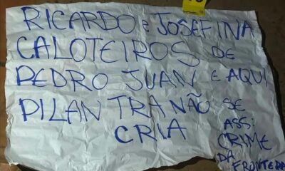 Escrito de amenaza que dejaron en casa del exgobernador Ricardo Sánchez. Foto: X