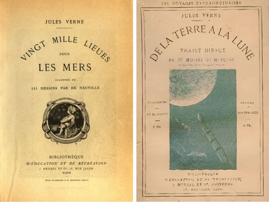 Tapas de la primera edición de "Veinte mil leguas de viaje submarino" (1870) y "De la Tierra a la Luna" (1865). Cortesía