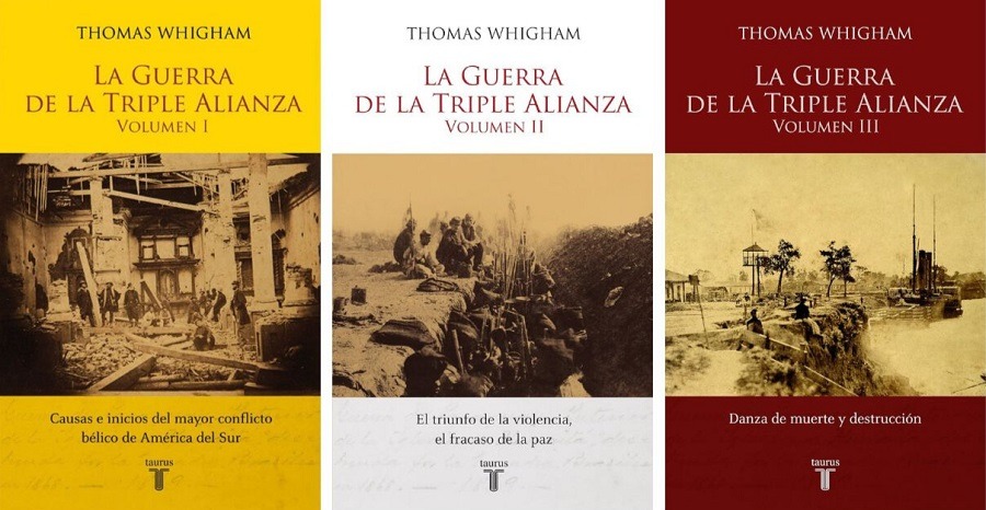 Tapa de los tres volúmenes de "La Guerra de la Triple Alianza" de Thomas Whigam. Cortesía