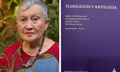 Lucy Yegros y la tapa de "Florilegios y Antología". Cortesía